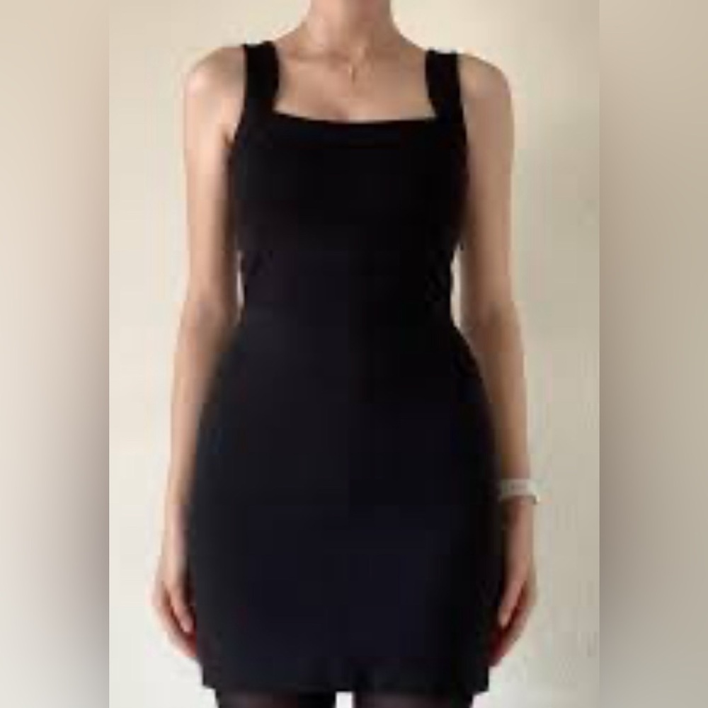 Paige. Sleeveless Little Black Mini Tank Dress Pieced Chevron Waist Square Neck